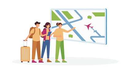 Three travelers planning their trip using a map with an airplane route and luggage for vacation planning
