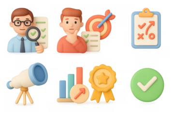 3d cartoon style business icons: analysis, strategy, and success eleme