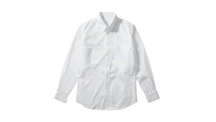 Classic white dress shirt laid flat, featuring a sleek design and button-down collar, suitable for formal occasions.