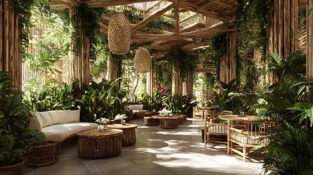 Indoor outdoor space of green hotel plant growing along wall open bamboo furniture natural airflow designed sustainable luxury travel tropical climates custom tropical resort background human eye view