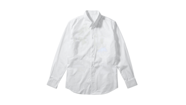 Classic white dress shirt laid flat, featuring a sleek design and button-down collar, suitable for formal occasions.