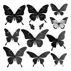 Black Silhouette Butterfly Collection Vector Set Isolated on White Background