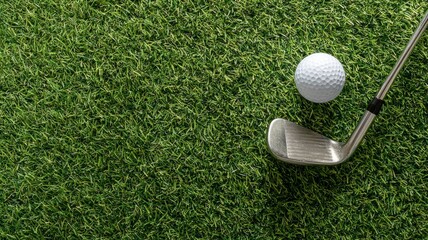 Golf club and ball on lush green grass. Artificial intelligence image