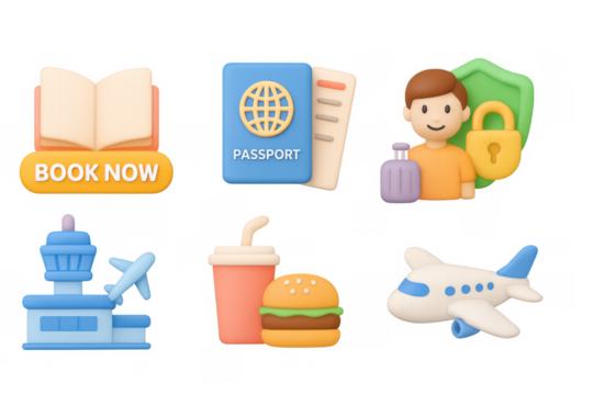 Travel icons: adventure planning essentials in 3d cartoon style