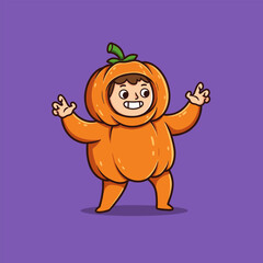 Cartoon character in a toothy pumpkin costume with raised arms on a purple background.