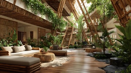 Fototapeta premium Indoor outdoor space of green hotel plant growing along wall open bamboo furniture natural airflow designed sustainable luxury travel tropical climates custom tropical resort background human eye view