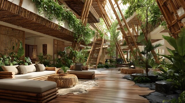 Indoor outdoor space of green hotel plant growing along wall open bamboo furniture natural airflow designed sustainable luxury travel tropical climates custom tropical resort background human eye view