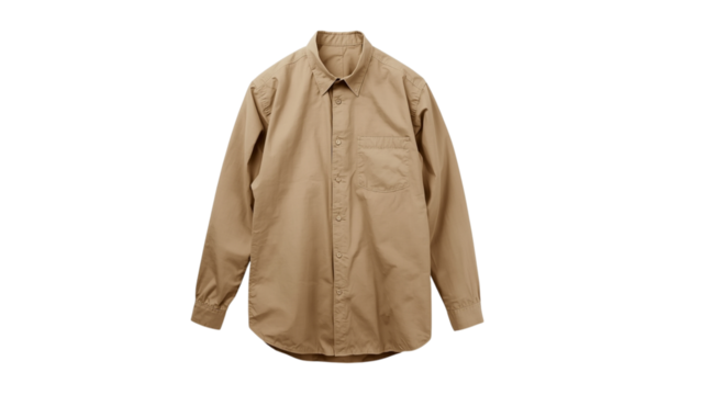 Men's beige long-sleeve shirt laid flat, showcasing a classic design with a button-up front and a single chest pocket.
