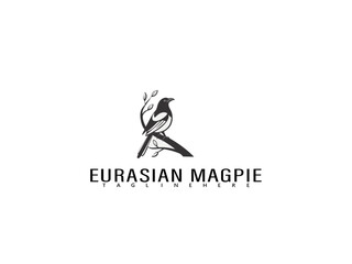 Sophisticated silhouette of Eurasian Magpie perched on branch in vector line art style, black and white logo ideal for wildlife branding, eco-friendly themes, and nature illustration collections.

