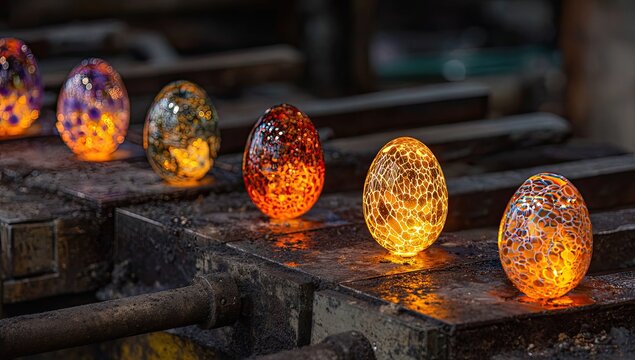 Molten glass eggs glowing on a factory bench