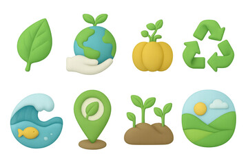 Eco-friendly 3d icons: nature, sustainability, and green living design elements