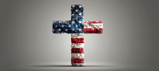 Jesus Cross wrap with America flag. Religion faith worship spirituality concept. 4th of July or American independence day. Generative AI technology.