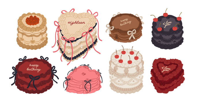 Cake set, vintage confectionery designs with whipped cream swirls. Sweet dessert with retro decor. Holiday patisserie for birthday, wedding. Flat vector illustration isolated on white background