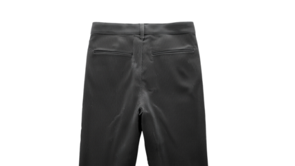 Close-up of black pinstriped trousers showcasing sleek design and tailored fit.