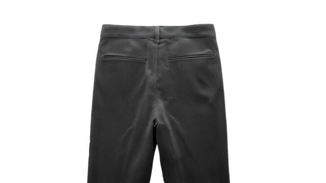 Close-up of black pinstriped trousers showcasing sleek design and tailored fit.