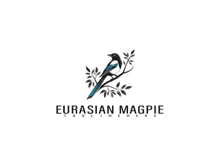 Fototapeta premium Beautiful black and white illustration of Eurasian Magpie perched on curved branch, vector logo template ideal for minimalist branding, nature-themed packaging, or bird illustration design sets.
