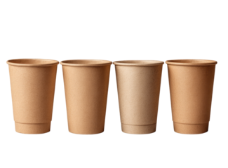 Four light brown disposable paper coffee cups in a row against a black background