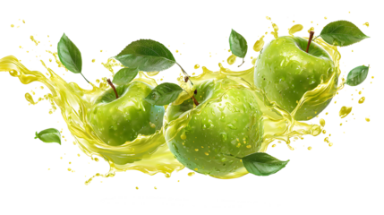 Juicy green apples with flow of yellow apple juice, green leaves, splashes levitated as flow isolated white background. Summer fruits, drink for advertising, label product, flyer, poster isolated on a
