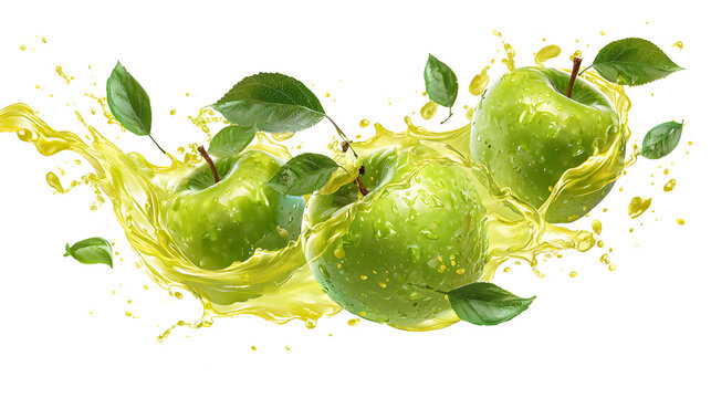 Juicy green apples with flow of yellow apple juice, green leaves, splashes levitated as flow isolated white background. Summer fruits, drink for advertising, label product, flyer, poster isolated on a