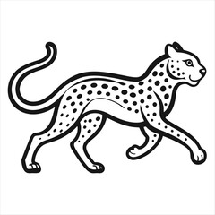 Stylized black and white illustration of a walking cheetah with spots