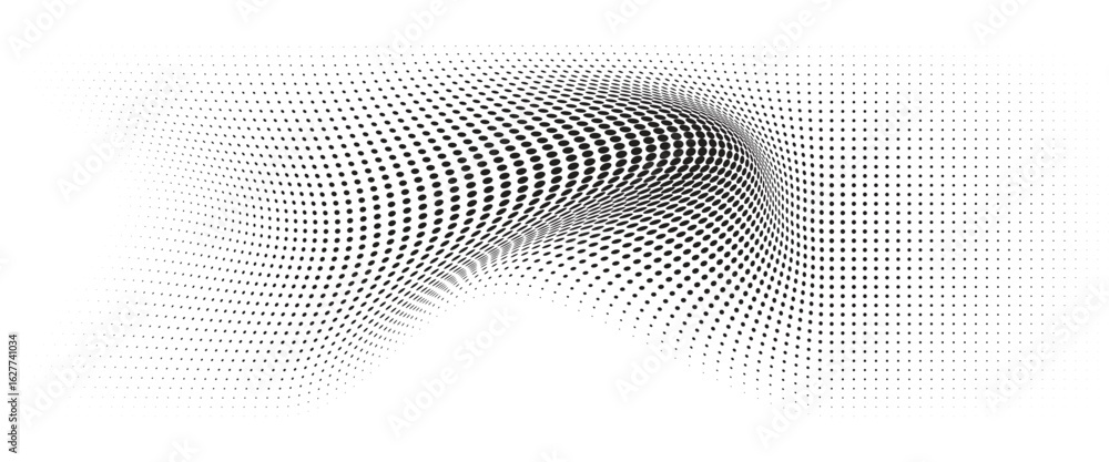 Poster flowing wave dot halftone pattern: curve gradient shape on transparent background. suitable for ai, 
