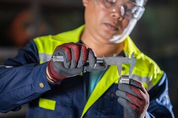 Engineer Using Caliper for Manual Inspection of Metal Part Machinist Checking Equipment in a Dirty...
