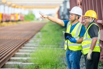 Locomotive Front Inspection by Engineer Teamwork Professional Team Railway Maintenance Two Technician Collaborating on Train Track Engine Train Coupling System, locomotive check by worker rail engine