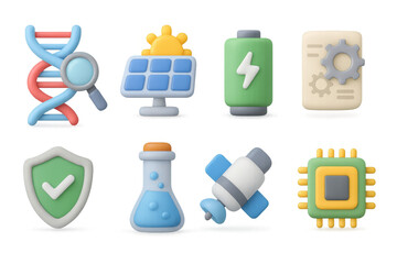 Colorful 3d icons of technology and science elements with energy and i