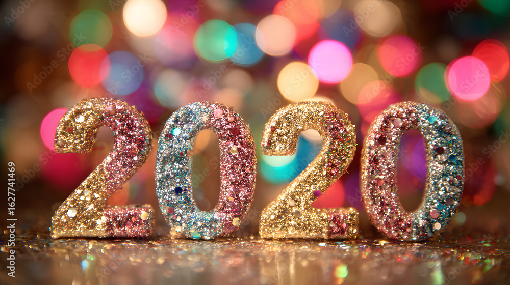 Poster glittering 2026 display with colorful bokeh background for new year celebration