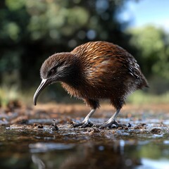 Kiwi Bird foraging in Natural Habitat with Invasive Species Impact