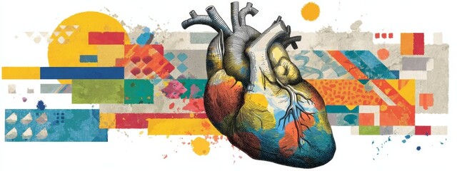 Vibrant gradient heart with dynamic waves and geometric shapes, modern design for World Heart Day