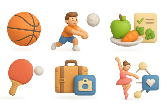 3d icons of sports, travel, and healthy living in pastel tones