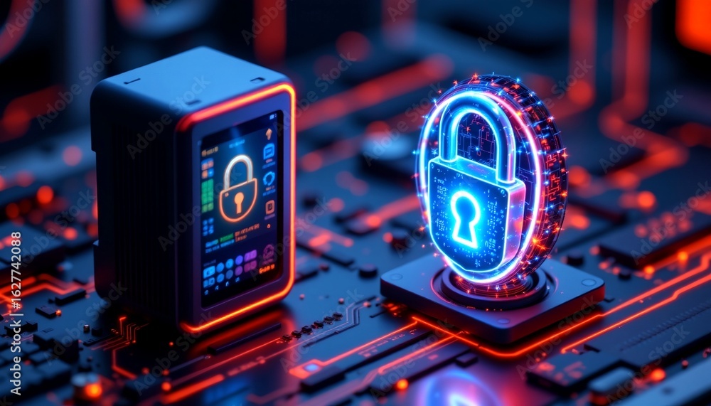 Poster a digital security concept featuring glowing lock icons displayed on a circuit board. the image symb