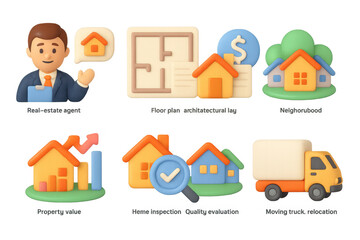 Real estate agent explaining home buying with 3d icons and infographic