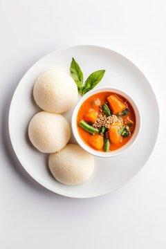 south indian breakfast idali sambhar in the plate on white background