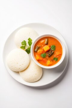 south indian breakfast idali sambhar in the plate on white background