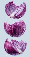 Red onion slices in water, three in a vertical stack
