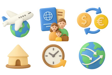 Travel and currency exchange 3d icons with global connections