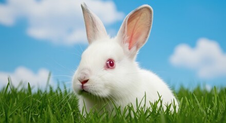 Obraz premium Albino Bunny Bliss White Rabbit in Lush Grass Against Blue Sky.