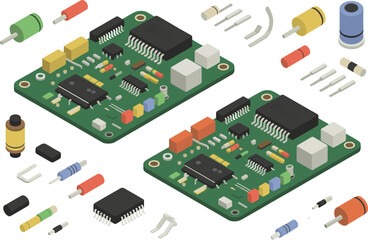 Electronic circuit board set, green PCBs with components, resistors and capacitors, integrated circuits, tech hardware, engineering vector graphics, assembly parts