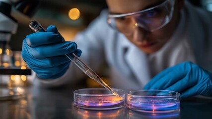 Scientist is using a pipette to transfer a liquid into a petri dish. faceless researcher pipetting glowing solution onto cancer cell culture, lab lighting, break cancer cells, targeted therapy - Powered by Adobe