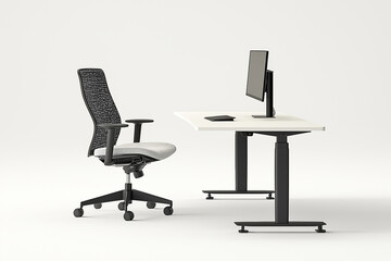 Obraz premium Office workspace with adjustable desk and ergonomic chair