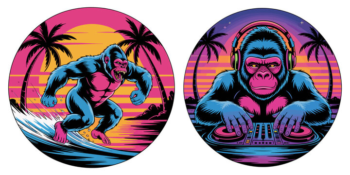 Surfing Gorilla DJ Performance at Tropical Beach Party in Vibrant Colorful Style