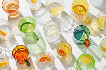 Summer still life top view pattern with colored glass cups of infused water with slices of fruit on white table. Glittering glasses at sunlight. Long harsh shadow. Summer vacation concept