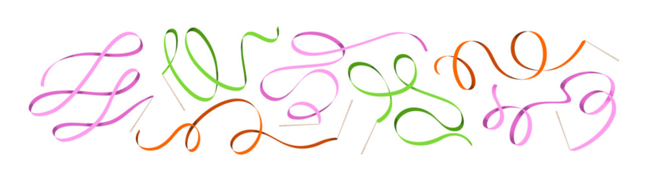 Rhythmic ribbon swirls, loops patterns, flowing motion. Dynamic shape, curl and twist in artistic gymnastics dance. Wavy strip on stick, movement. Flat vector illustration isolated on white background