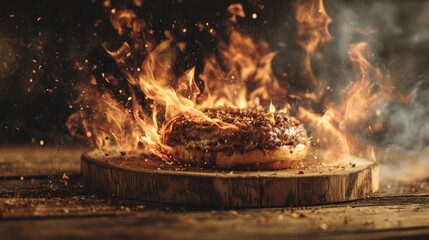 Flaming donut on rustic wooden board