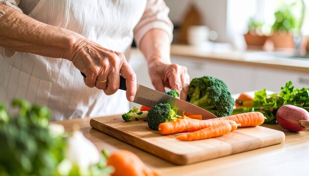 Primer plano de manos de mujer mayor picando verduras coloridas sobre tabla de madera en cocina luminosa (zanahoria, br&oacute;coli), detalles de piel arrugada, utensilios de acero y luz natural c&aacute;lida