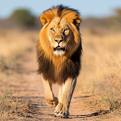Obraz premium Majestic Lion Walking on Path in Natural Habitat