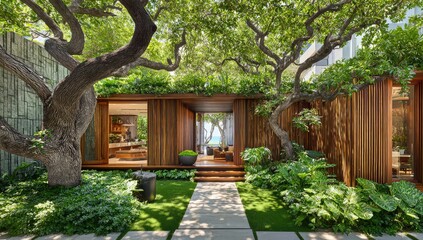 Tropical courtyard with wooden pavilion