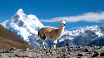 Fototapeta premium Llama in High Mountain Habitat Facing Climate Change Challenges